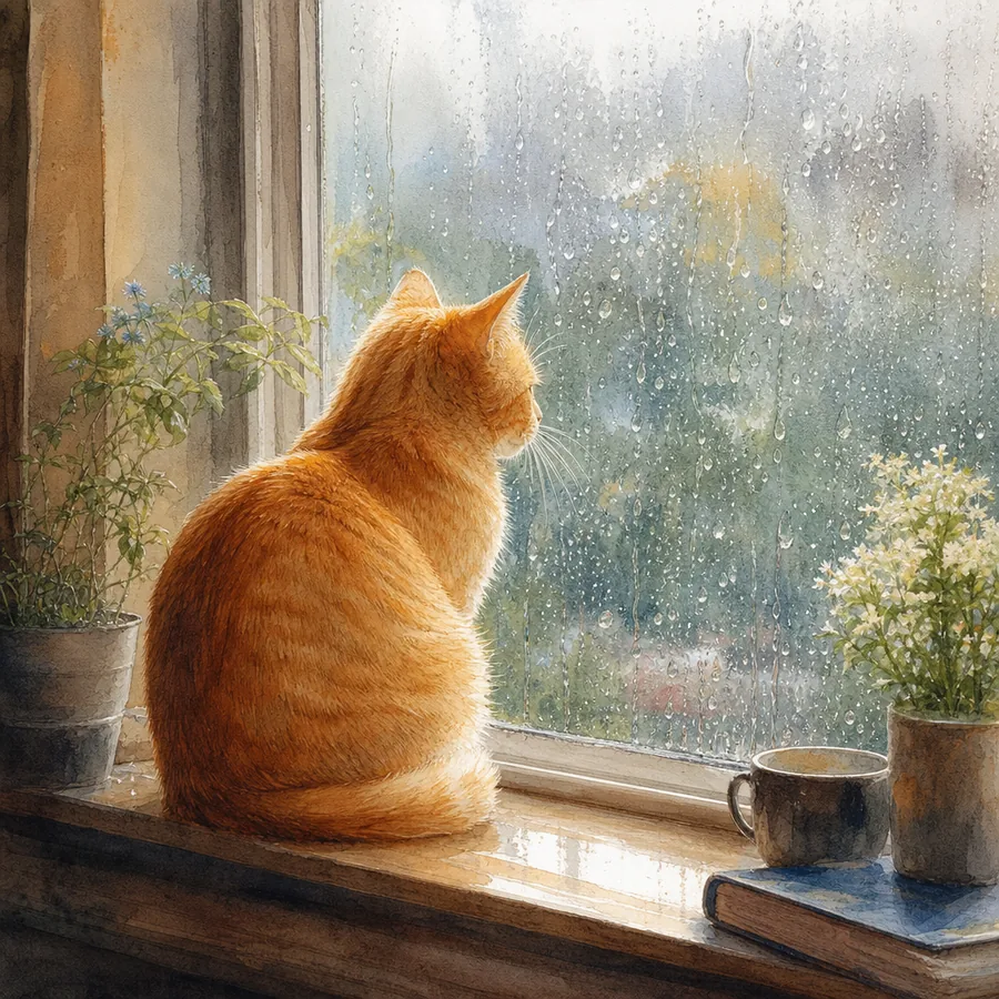 梨想画室生成的雨天水彩猫插画